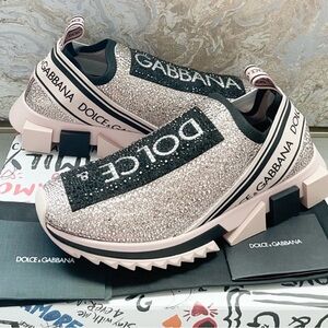 Dolce & Gabbana Pink Crystal Logo Slip-On Sneakers